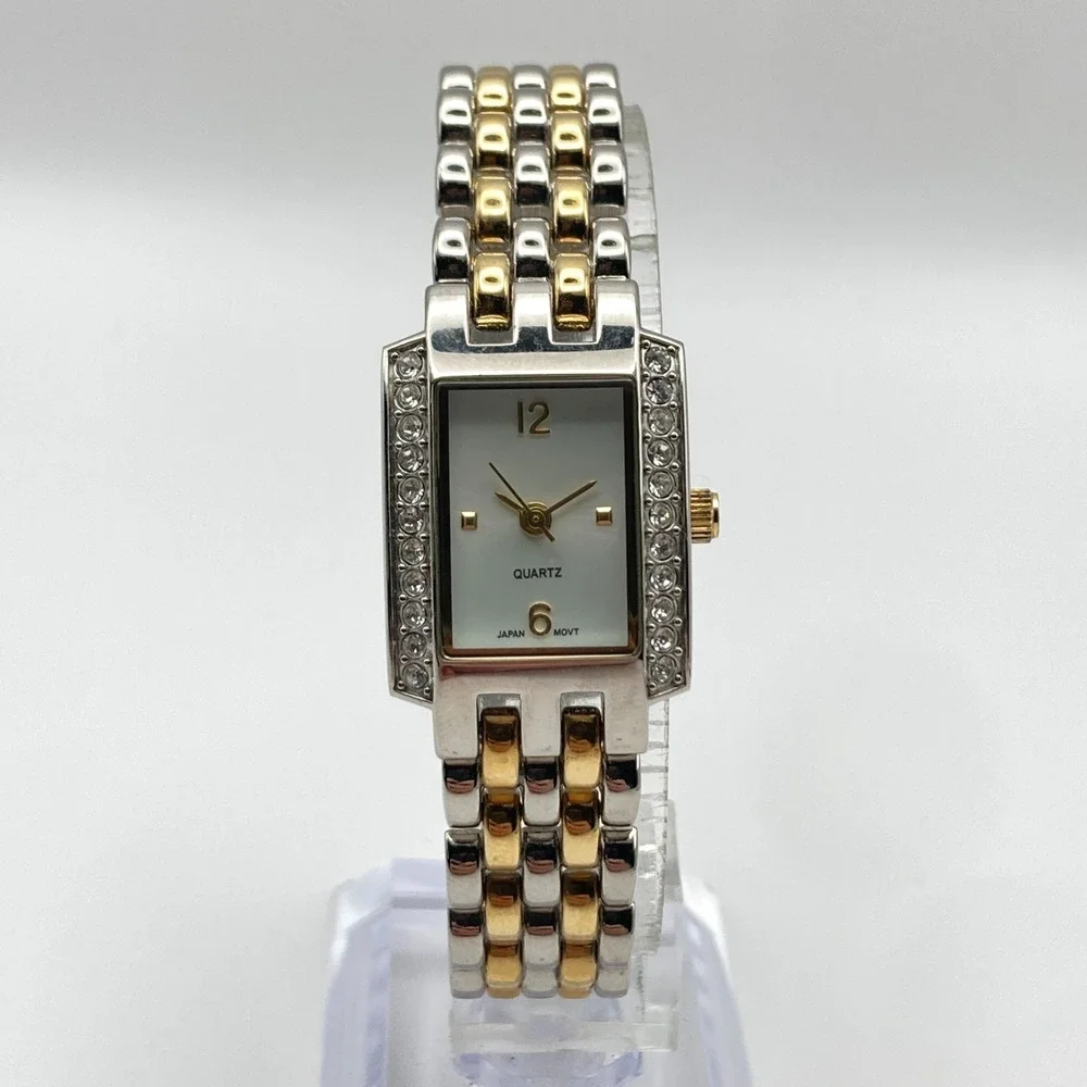 Womens Tank Watch Gold Silver Two Tone 19mm Crystals Bling New Battery 6.5